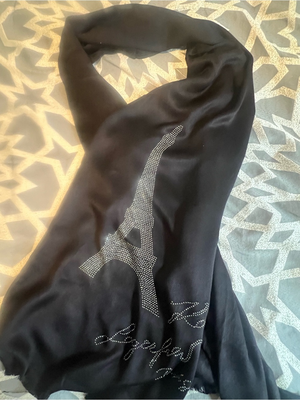 Karl Lagerfeld Black Scarf with Rhinestone Eiffel Motif